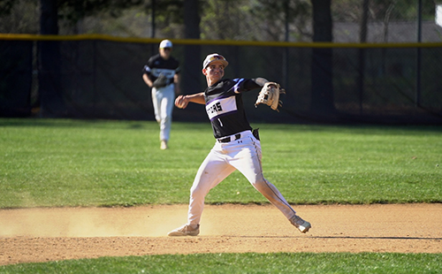 Shortstop Maverick Durant (Damascus HS) fields a ground ball during a doubleheader against Prince George’s CC on April 4. Durant tops all batters with a .421 average.